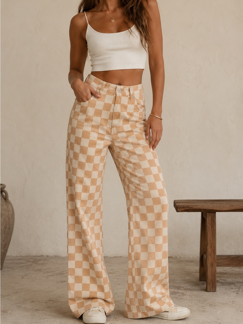 Ragged Jeans Peach & Cream Checkerboard Straight Leg Jeans | Size 26